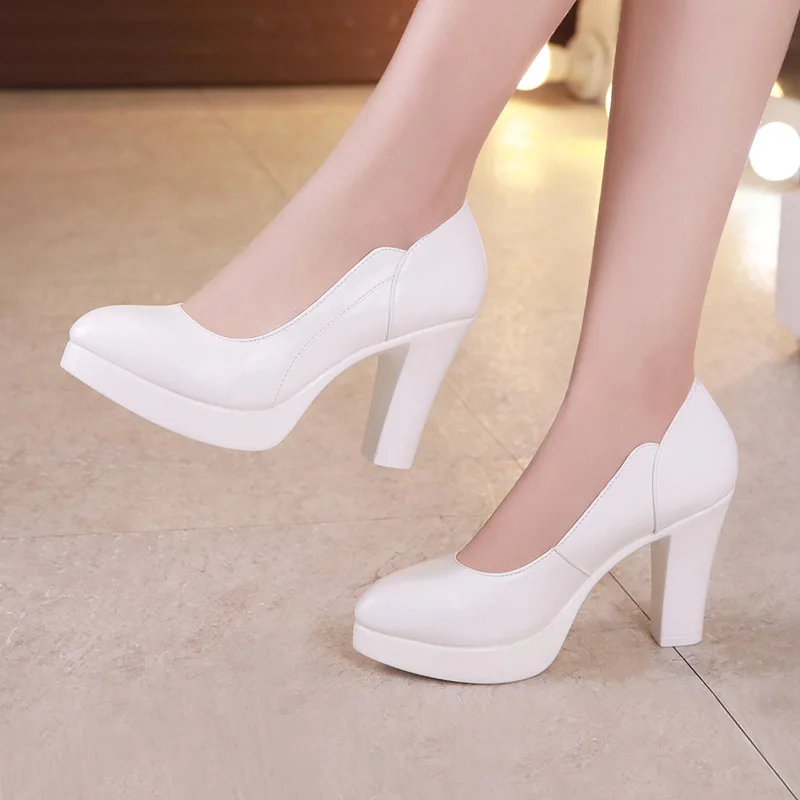 high quality leather shoe for women 5cm 8cm high heel platform point toe 32 33 42 43 elegant and fashion shoe black white silver