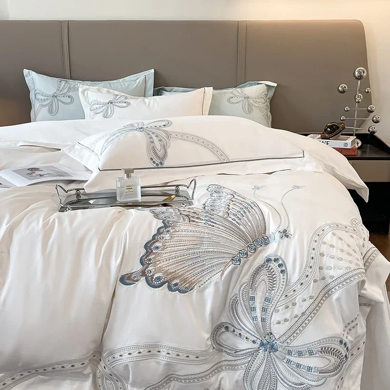100% Egyptian Cotton Luxury Butterfly Embroidery Wedding Bedding Set 100% Cotton Duvet Cover Flat/Fitted Bed Sheet Pillowcases
