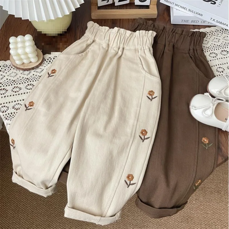 

Casual Pants Flower Embroidery Fashion Trousers 1-7Year Kid's Pants Children Pants 2025 Spring and Autumn Girls'