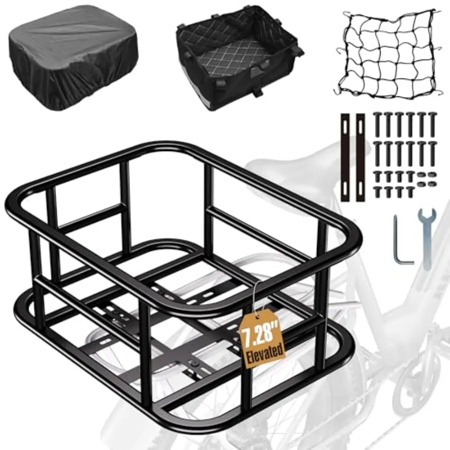 

Rear Bike Basket Large Capacity - 210LBS Heavy-Duty Cargo Basket, All-Weather E-Bike and Scooter Accessories with Cover, Perfec