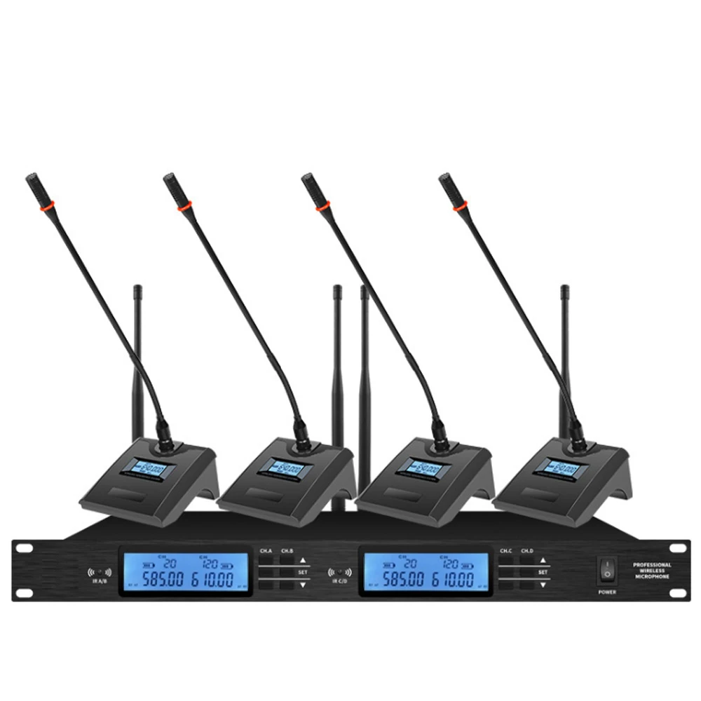 Microfone profissional sem fio uhf, microfone condensador de conferência de 4 canais, fala, transmissão, microfone de sala de conferências
