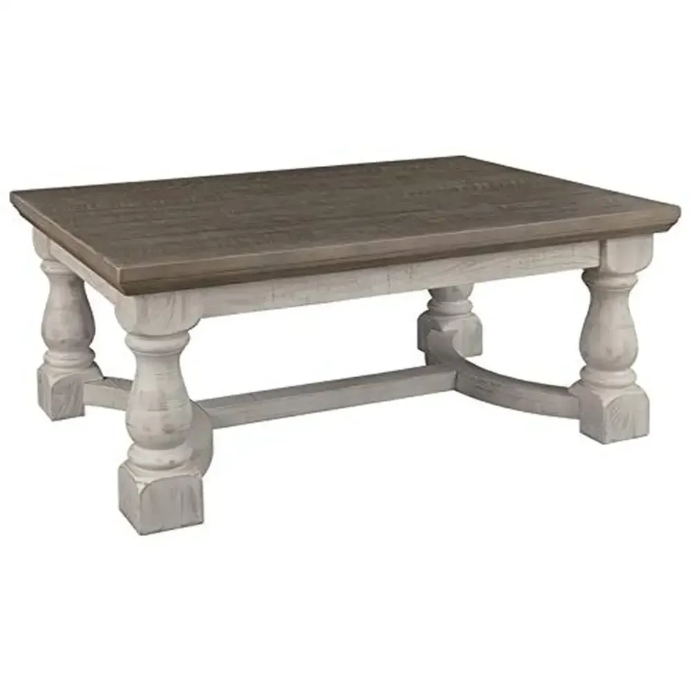 Farmhouse Gray White Rectangular Coffee Table Weathered Finish Pine Wood Solid MDF 46