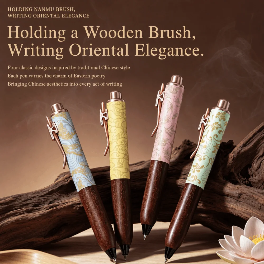 Durable Wood Chubby Gel Pen Vintage Floral Printed Smooth Writing Signature Pen Writing Pen School Office