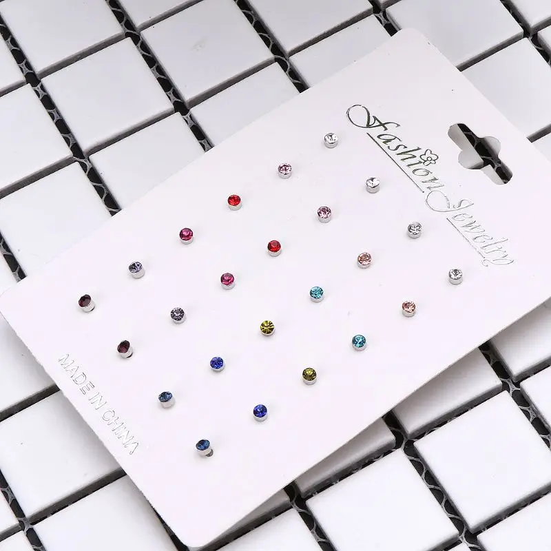 Nice 12 Pairs Rainbow Cubic Zircon Earrings Set Birthstone Crystal Studs Nose Lip Ear Sticks Kids Jewelry Decor