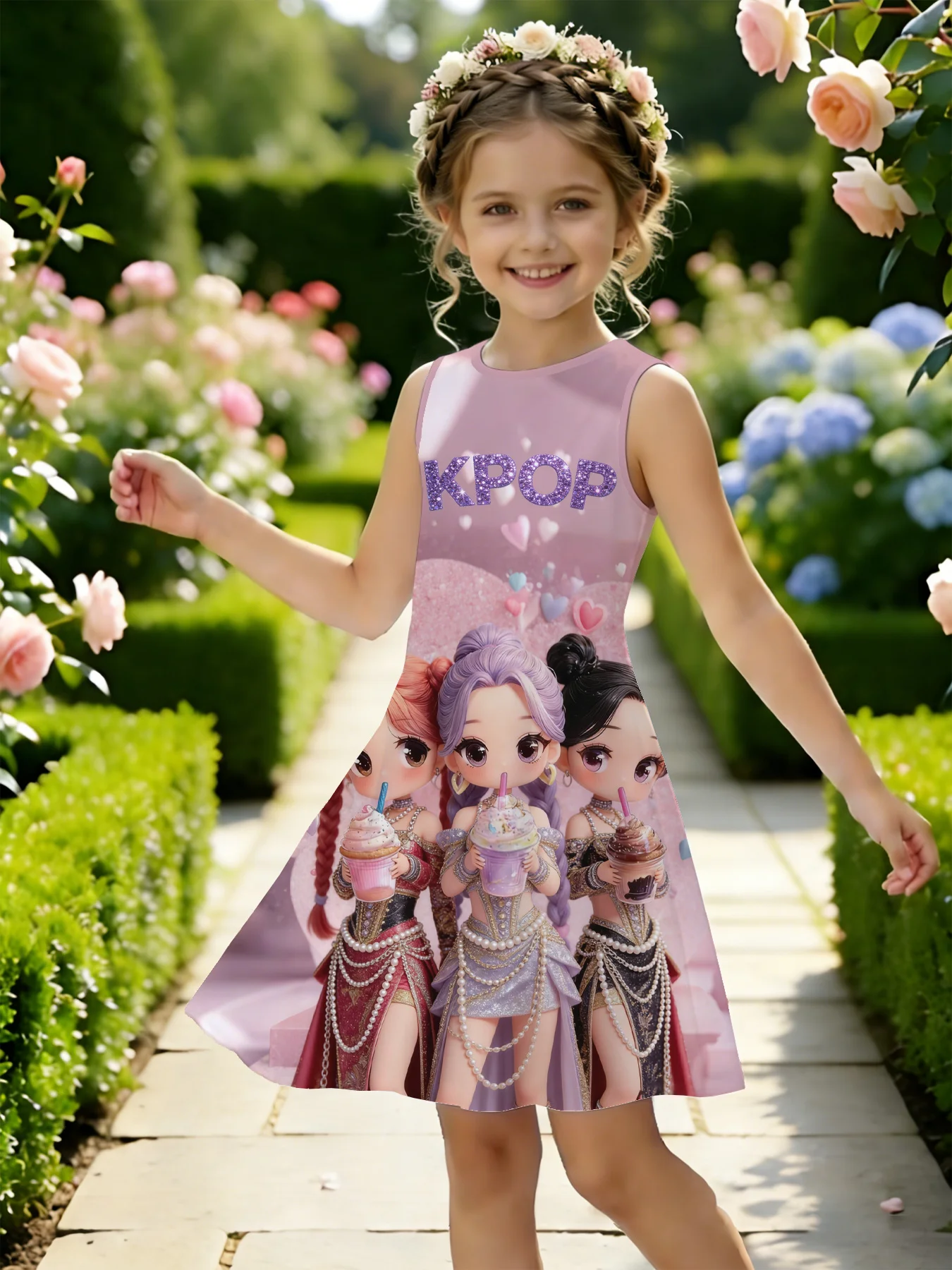 Little Girl Summer Dress, Vibrant Pop Girl Group Art Print Sleeveless Casual Skirt for Young Girls
