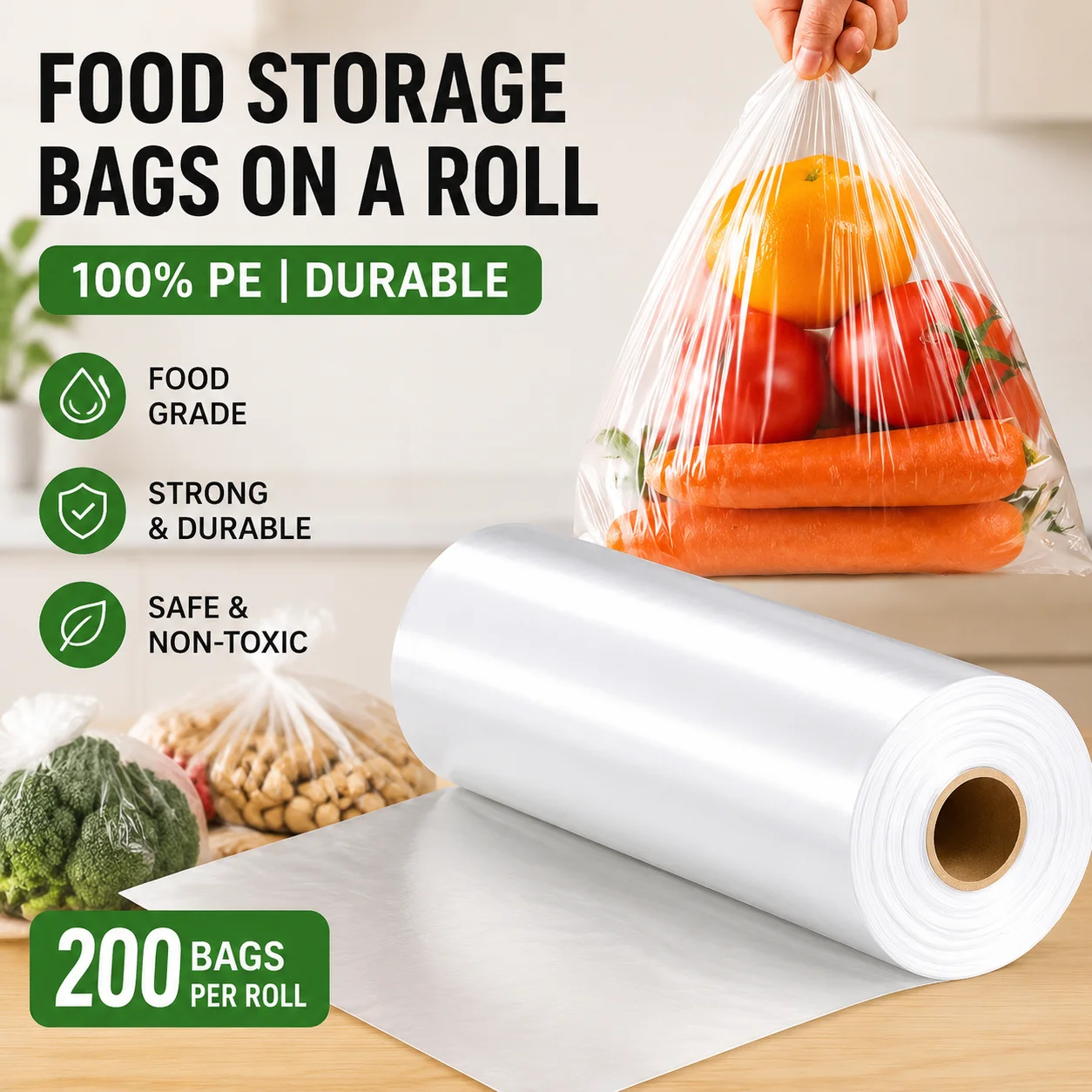 200pcs Sacos Transparentes Grandes para Armazenamento de Alimentos |   Resistente e Seguro para Frutas e Vegetais Frescos, Ideal para Organização na Cozinha