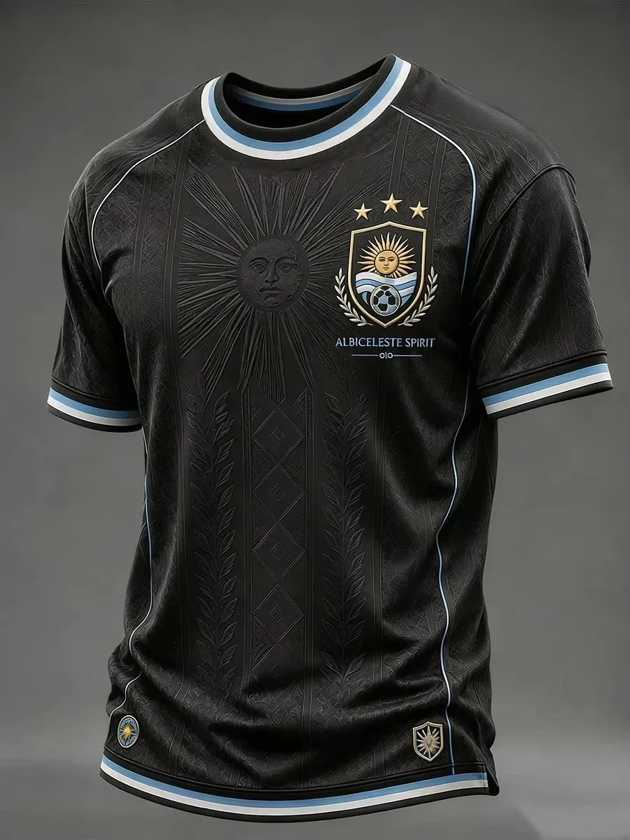 Unisex Argentina Soccer Jersey Striped Jacquard Sun Motif Gold Lettering Triple-Star Chest Crest 2026 Crest Fan Football Shirt