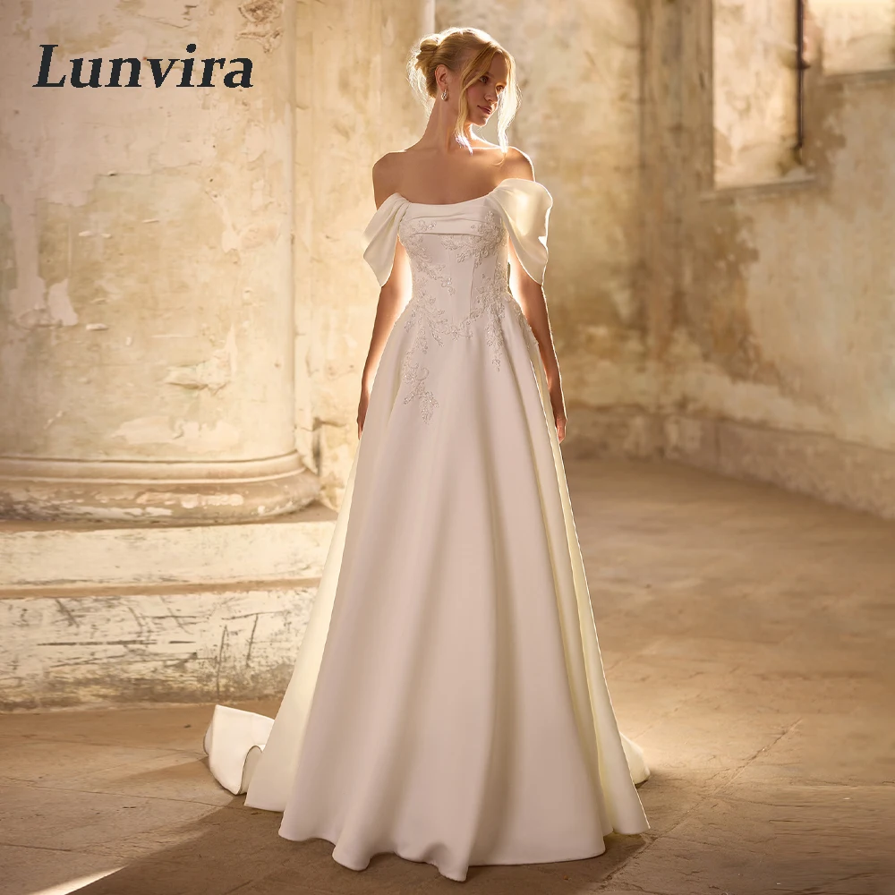 Lunvira Attractive Scoop Neck Wedding Gown Satin Lace Appliques Off the Shoulder Lace up A-line Abito Da Sposa Customized