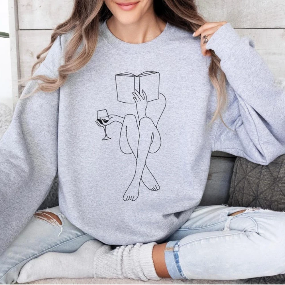 Felpa da lettura per donna Line Art, accogliente e casual amante dei libri, girocollo, pullover da donna, vita quotidiana, design semplice, abbigliamento, top unisex