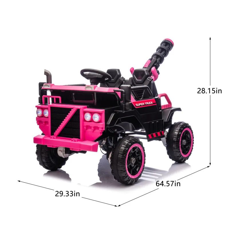 Un bel camion pour enfants 3 places avec un pistolet à eau intégré, un support électrique et un jouet de tour pour bébé rose réglable à 3 vitesses