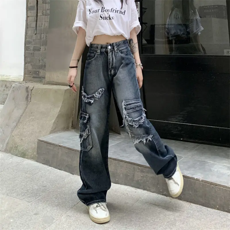 Women Vintage Y2K Streetwear Baggy Cargo Jeans High Waisted Straight Wide Leg Pants Denim Trousers Fairy Grunge Alt Clothes