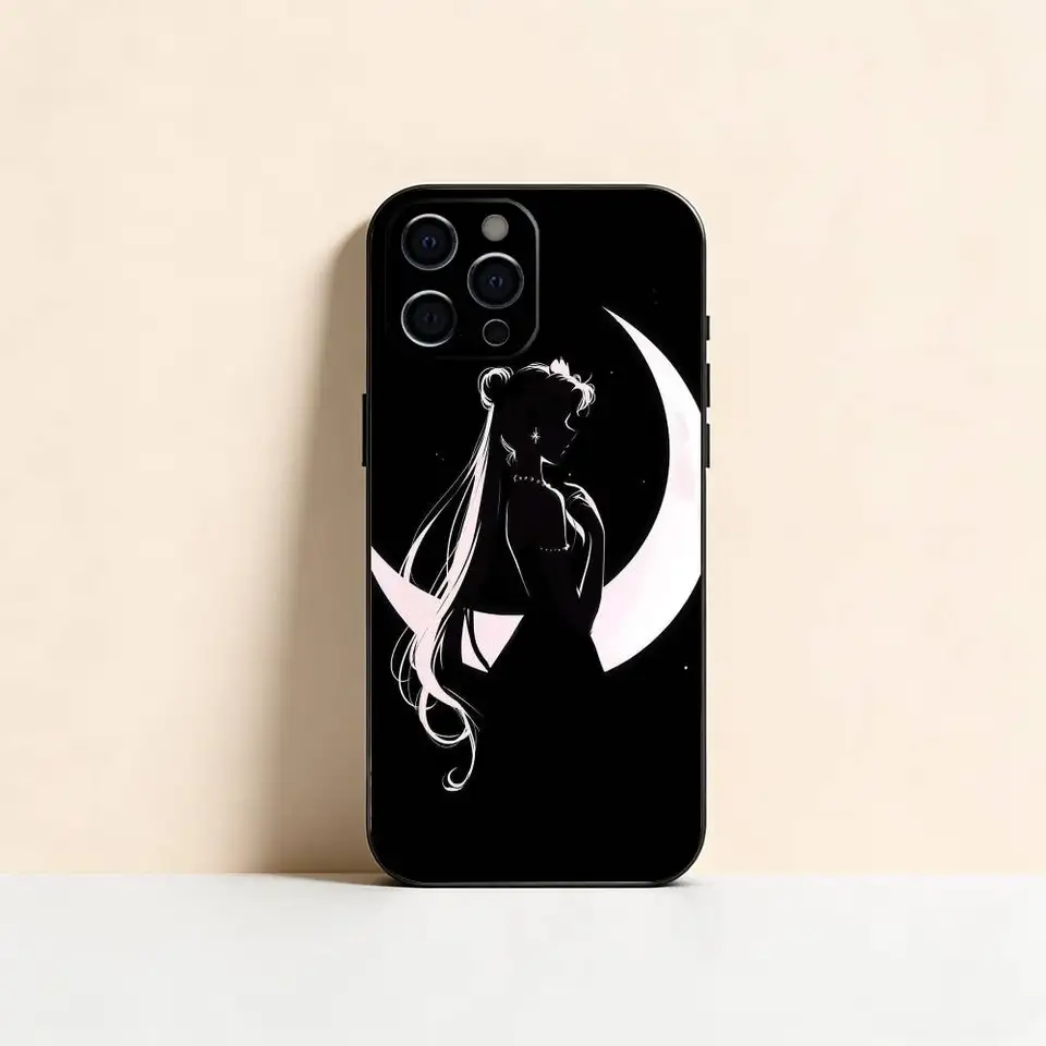 Funda de silicona suave negra para iPhone 17,16,15,14,13,12,11 Plus,Pro Max,XS, diseño S-Sailor M-Moons 3