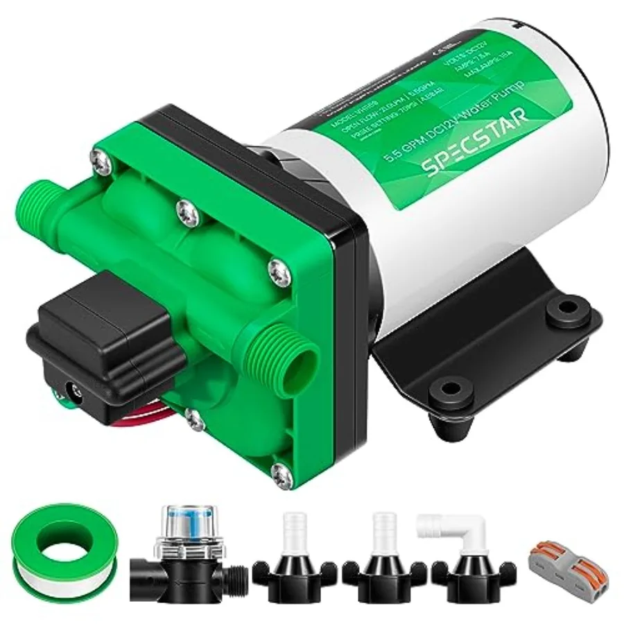 

42-series 12V DC Fresh Water Pump 5.5GPM 70 PSI Self Priming Diaphragm with 1/2 Garden Hose Adapters for RV Marine Yacht Garden