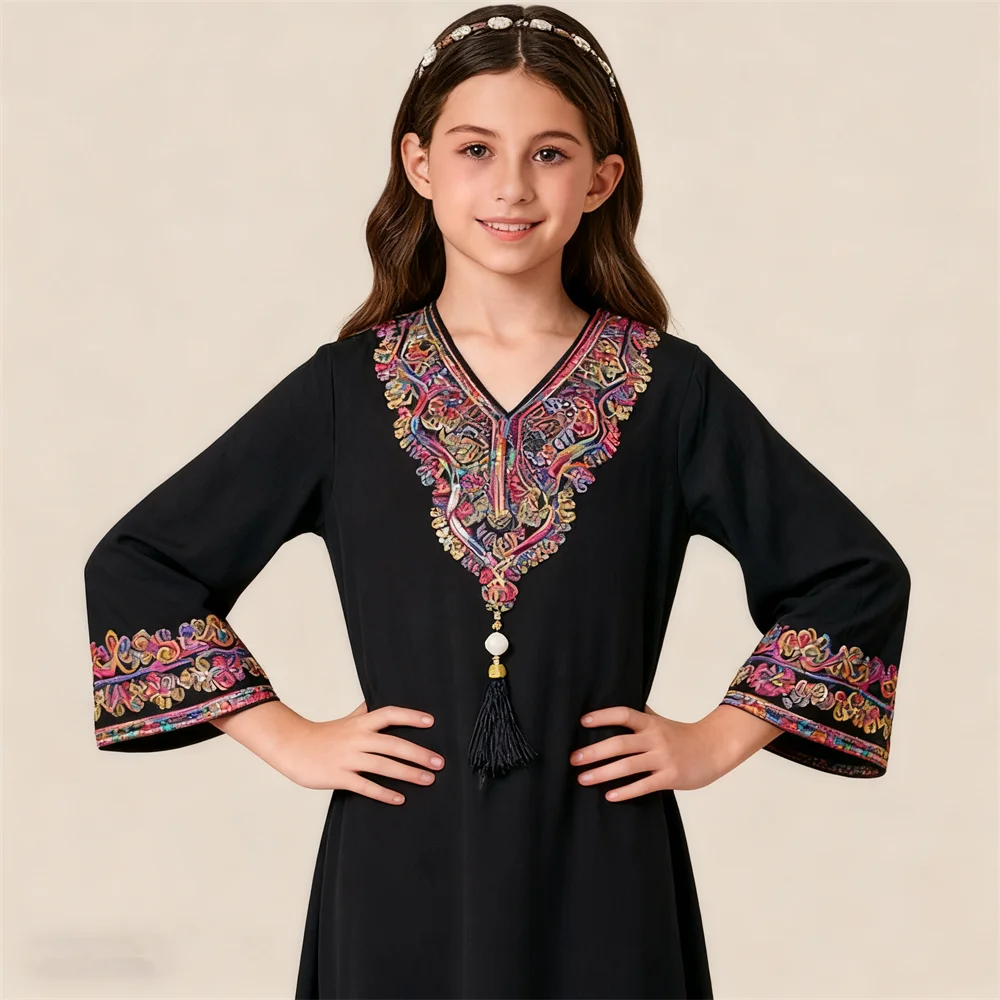 

New Girls Maxi Dress Beads Tassel Jalabiya Dubai Abaya Kids Turkey Kaftan Saudi Arabic Robe Islam Clothing Morocco Gown Vestidos
