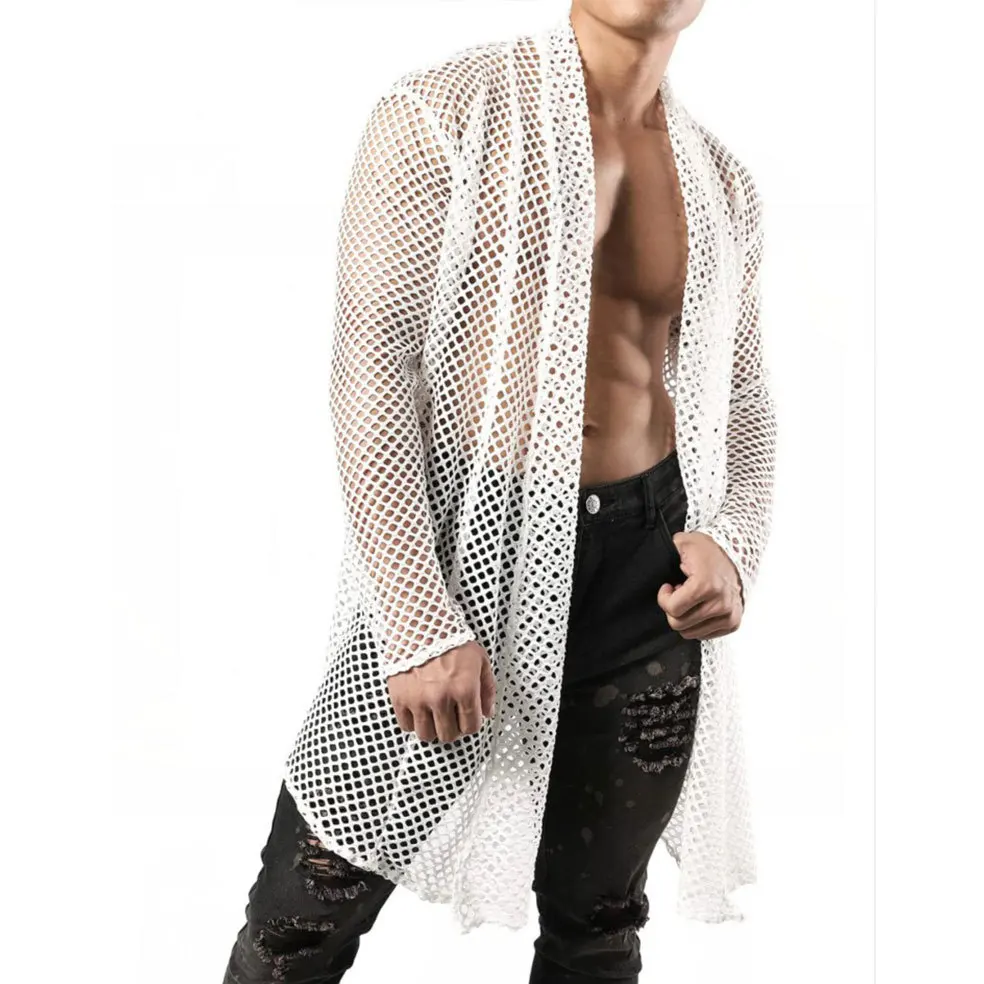 

Mesh Open Stitch Shirt Men See Through Sexy StylishCamisa Long Sleeve Transparent Party Nightclub Men Shirt S-XXXL