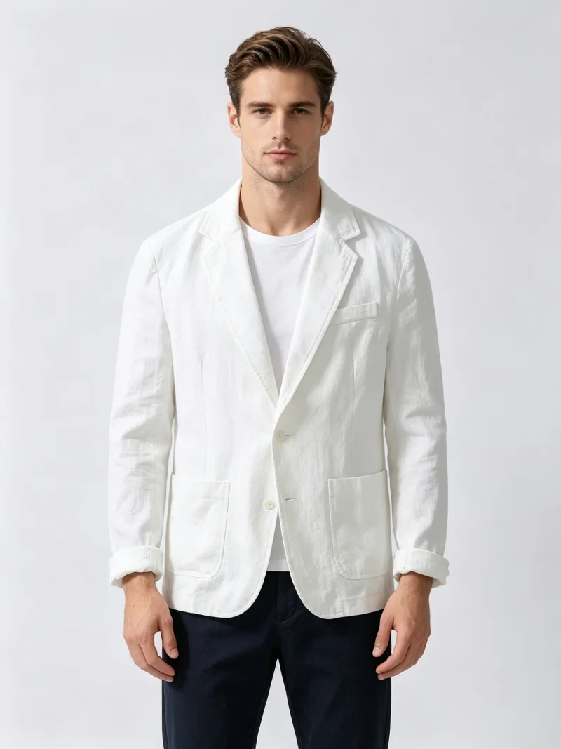 Herren Baumwoll-Leinen Anzugjacke Lässiger Sommer Leichter Reversjacke Einreihiger Business-Blazer für den Alltag – Detail 7