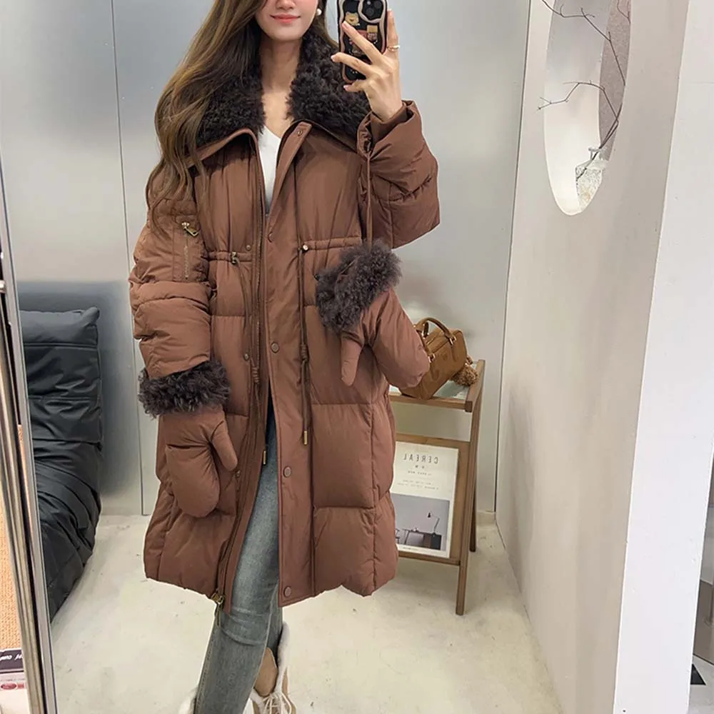 

2025 Winter Women's Goose down Coat Toca wool collar Slimming Knee Length Thickened Puffer Jacket​​