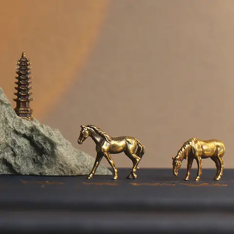 Antique Brass Solid Horse Figurines Miniature Long Tail Lucky Feng Shui Tabletop Home Decor Piece