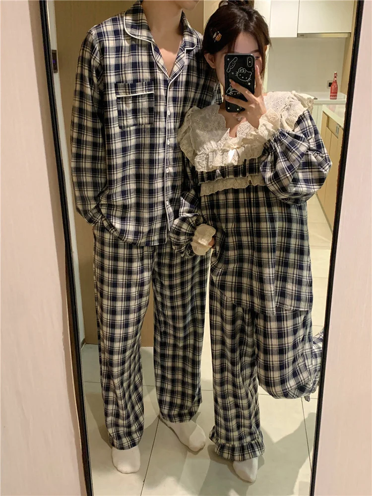 New Home Lovers Cotton Plaid Lace Cute Simple Long Sleeve Pajama Set Women Loose Princess Couple Sweet Elegant Warm Sleepwear