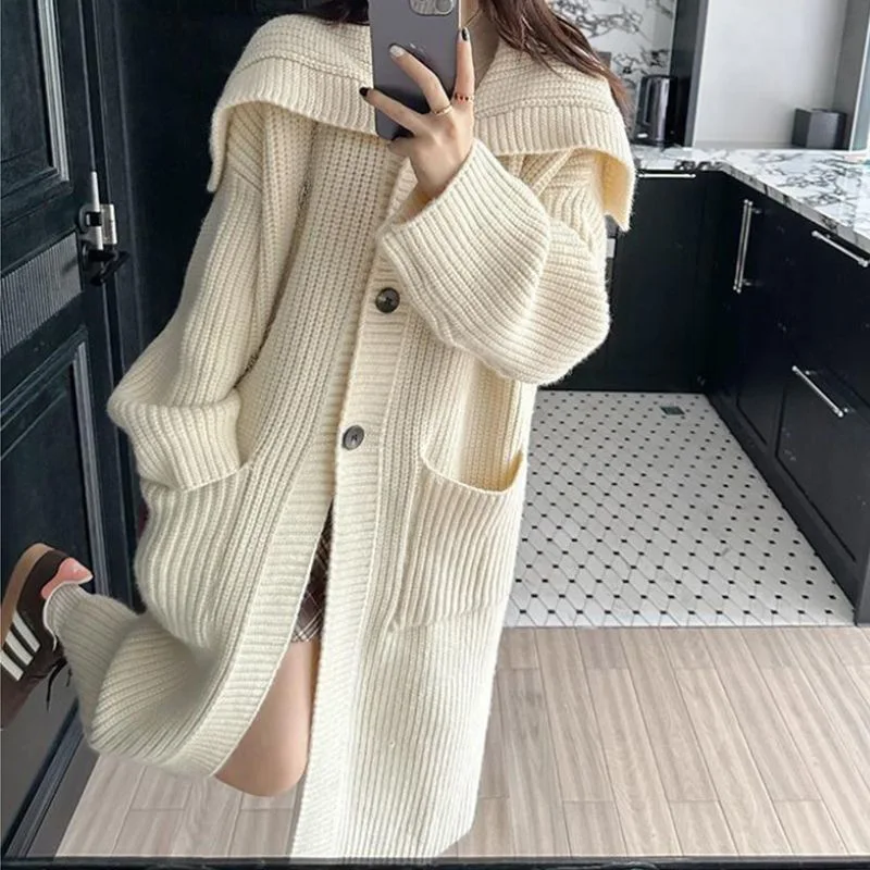 

Women Knitted Long Cardigan Sweaters Solid Jumpers Turndown Collar Long Sleeves Single Breasted Loose Casual Autumn Winter 2025