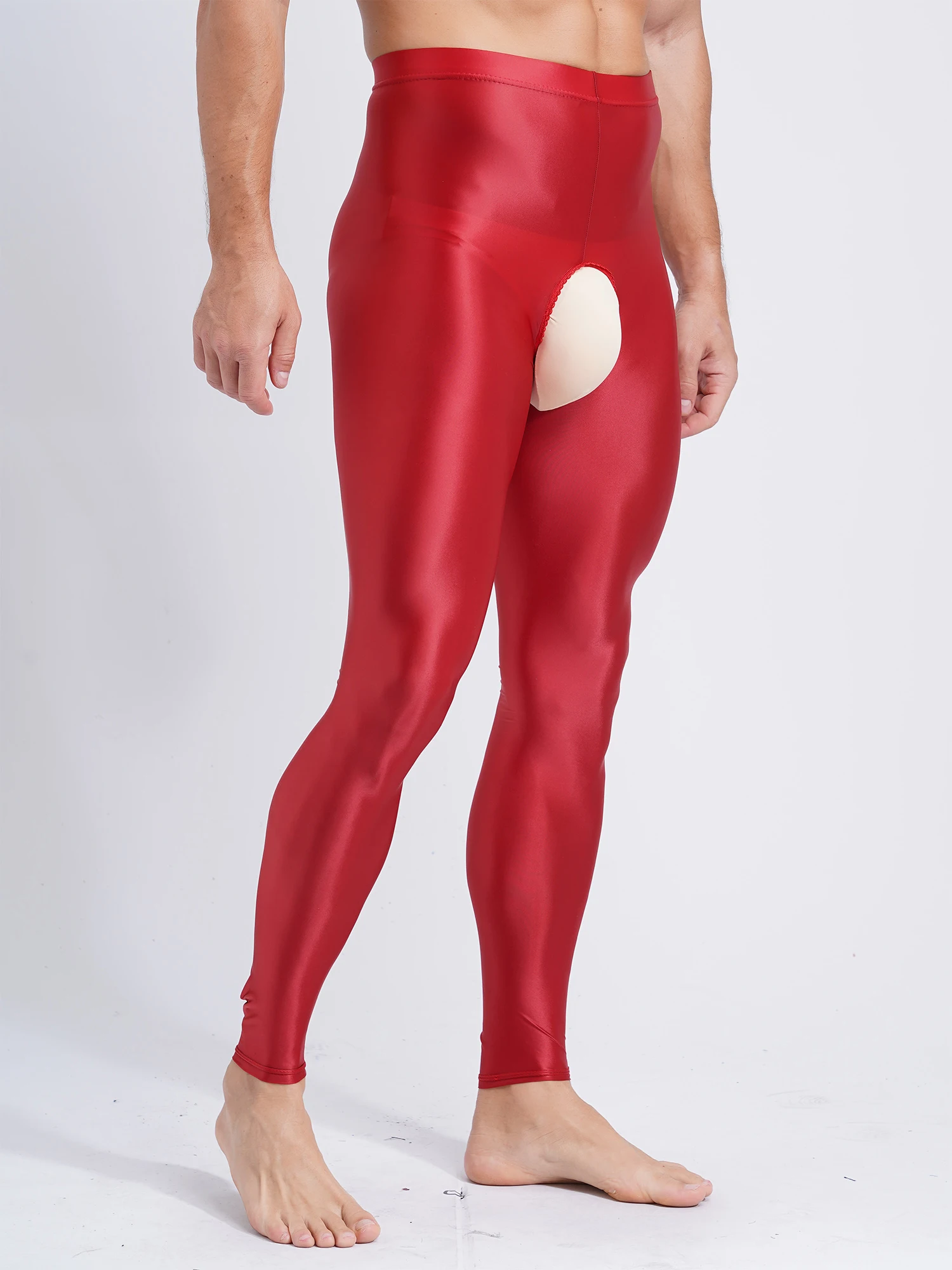 Mallas ajustadas de Color liso para hombre, mallas brillantes de cintura alta con entrepierna abierta, lencería Sexy, pantalones de noche, pantalones de fiesta porno para Club