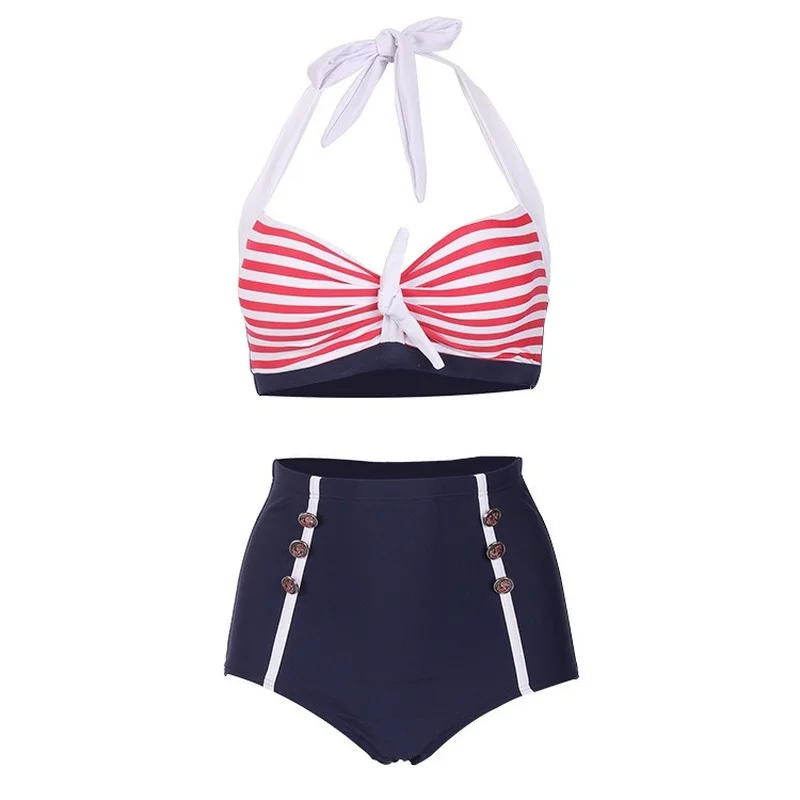 Mulheres Stripe Hip Wrap Biquíni Set, Cabeceira de Cintura Alta, Fatos de Banho Retro Praia, Push Up, 2 pcs, 3XL, Novo, 2022