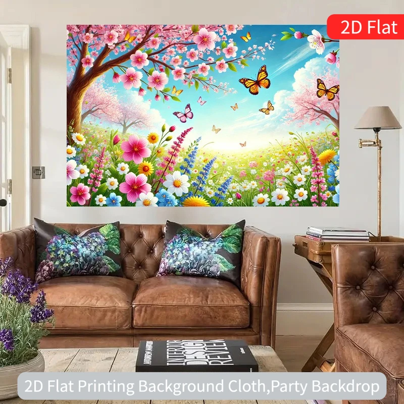 لافتة خلفية مسطحة 2D قطعة واحدة من عشب الربيع الحيوي والفراشة من البوليستر، مناسبة لكل من الحفلات المنزلية والخارجية