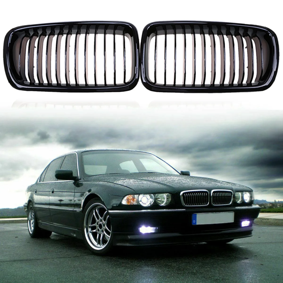 Front Bumper Hood Kidney Grille Grill for BMW E38 7 Series 728 730 735 740 1995-2001(Glossy Black )51138125811 51138125812