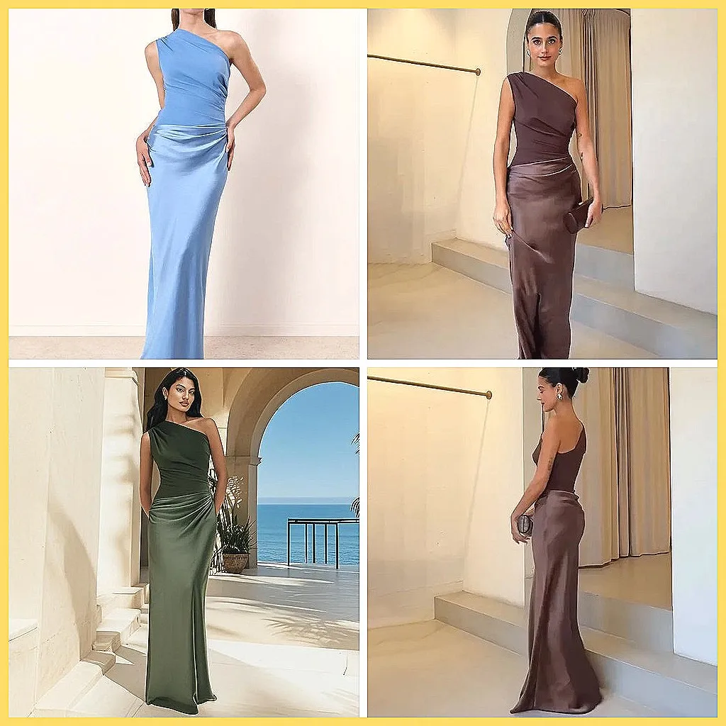 

2026 New Satin Patchwork Evening Dress, One Shoulder Sleeveless Elegant Party Maxi Dress