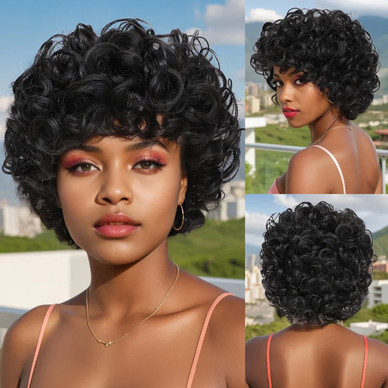 's wig, full head cover, short African women's slightly curly hair wigs