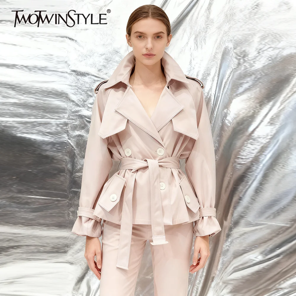 

TWOTWINSTYLE однотонные утягивающие модные короткие плащи на шнуровке для женщин, женский Тренч с длинными рукавами и лацканами в стиле пэчворк на пуговицах