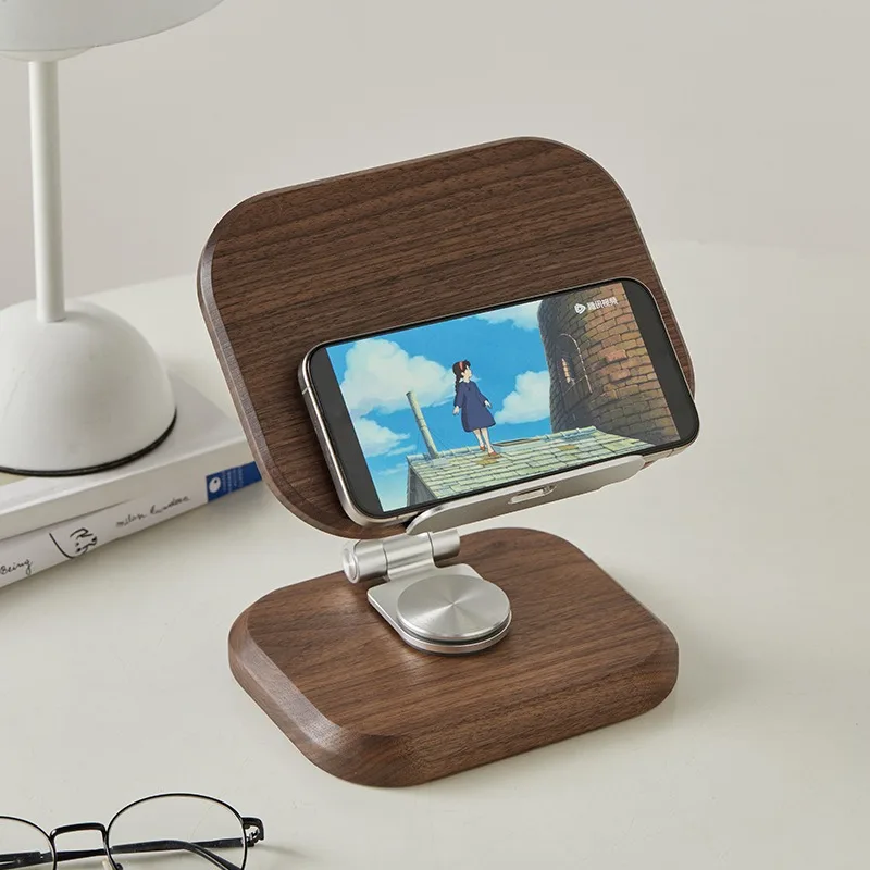 Black Walnut Wood 360 Rotating Adjustable Height Phone Tablet Stand, Desktop Lazy Holder for iPad Cell Phone