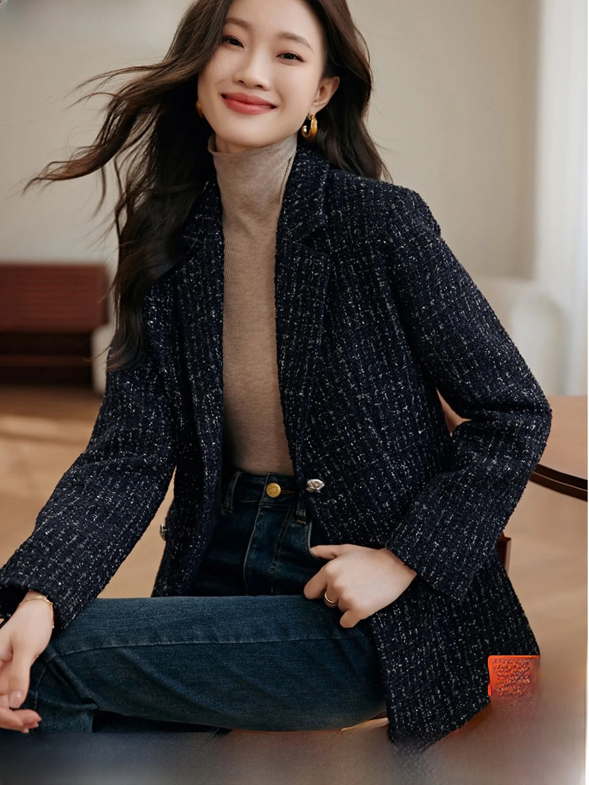 

Mehan mei пригородный шикарный шерстяной костюм Jaet Sli универсальная качественная верхняя одежда для женщин прямой крой с узором в горошек