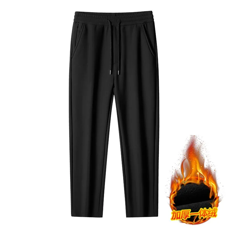 Men Fleece Lined Straight Leg Casual Pants Drawstring Waist Warm Business Sports Trousers For Autumn Winter