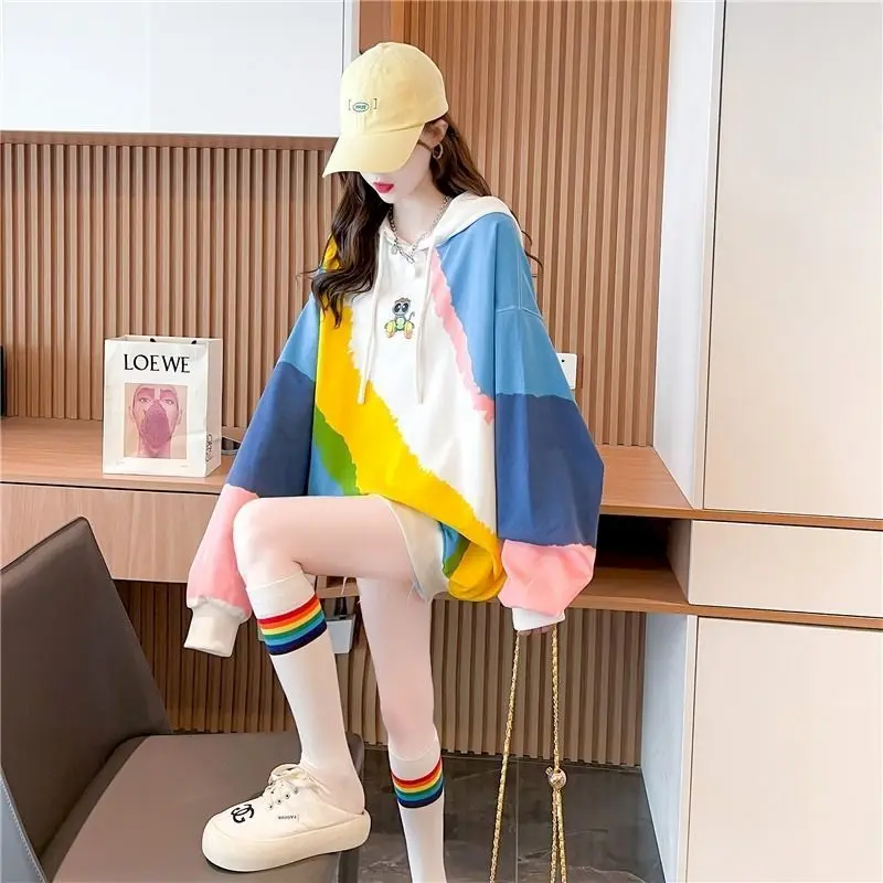 Kawaii Hoodies Women Spring Autumn Trendy Thin Hooded Coats Korean Design Sense Hoodie Loose Fashion Color Diagonal Stripe Tops