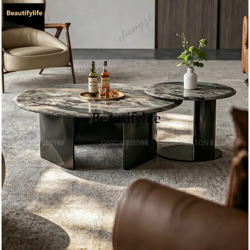 A68Venice brown luxury stone coffee table Italian light luxury designer living room natural marble table