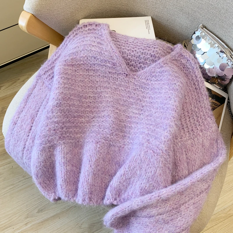 المرأة الأرجواني الخامس الرقبة سترة متماسكة سترة مريحة خمر الكورية نمط طويل الأكمام عيد الميلاد سترة الكشمير المعنقة 2000s الملابس 2025 #4