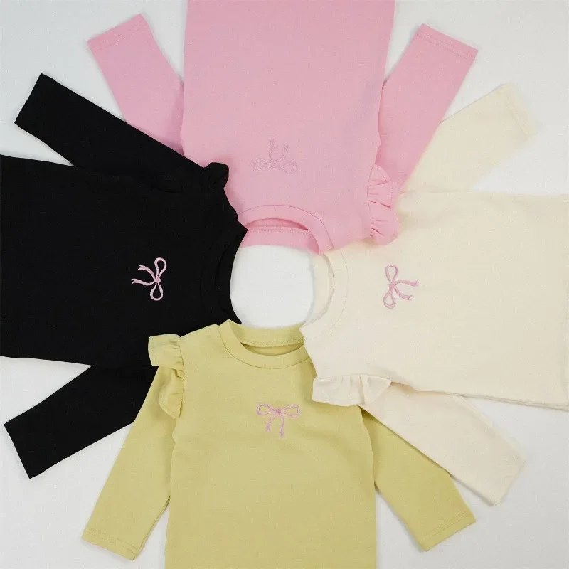 2024 Kids Fall Clothes Baby Girls Bow T-shirts Toddler Girl Cotton Cute Ruffled Long Sleeve T-shirt Base Shirt High Quality