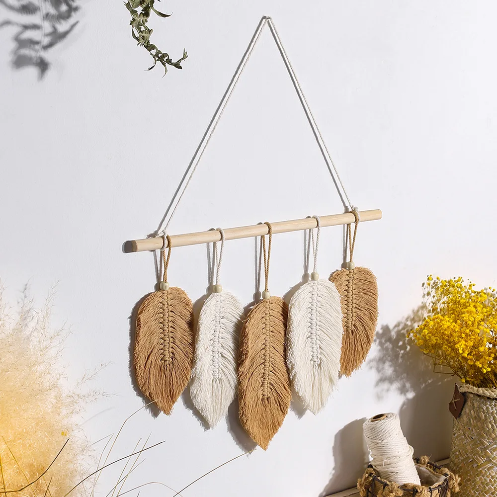 Yellow Macrame Leaves Dream Catcher Ornament for Girl Room Dream Catcher Decor Nordic Tassel Hanging Tapestry with 5 Woven Leaf