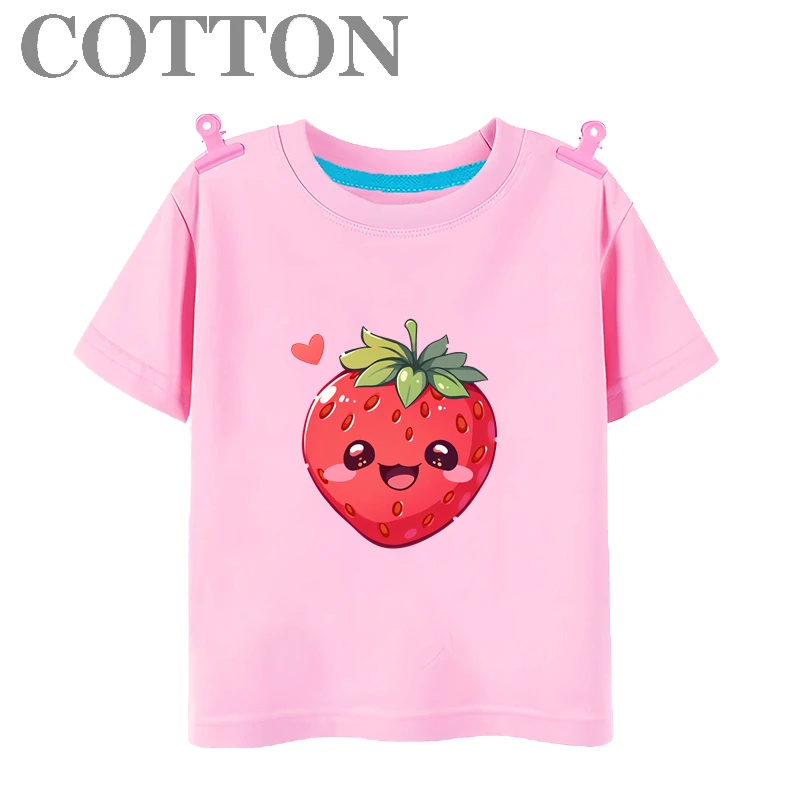 Strawberry fruit cotton summer fashion kids cartoon t-shirt round neck short sleeve print pattern