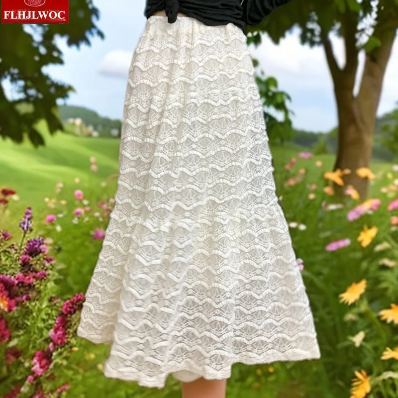 

Romantic Lace Long Maxi Skirts Cute Sweet Japan Girls Women Preppy Style Ruffles Layer Retro Vintage Solid Date White Skirt