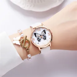 Temperament Mode Eenvoudige Riem Dameshorloge Vlinder Patroon Rhinestone Quartz Tuimelaars Casual Horloge Vrouwen