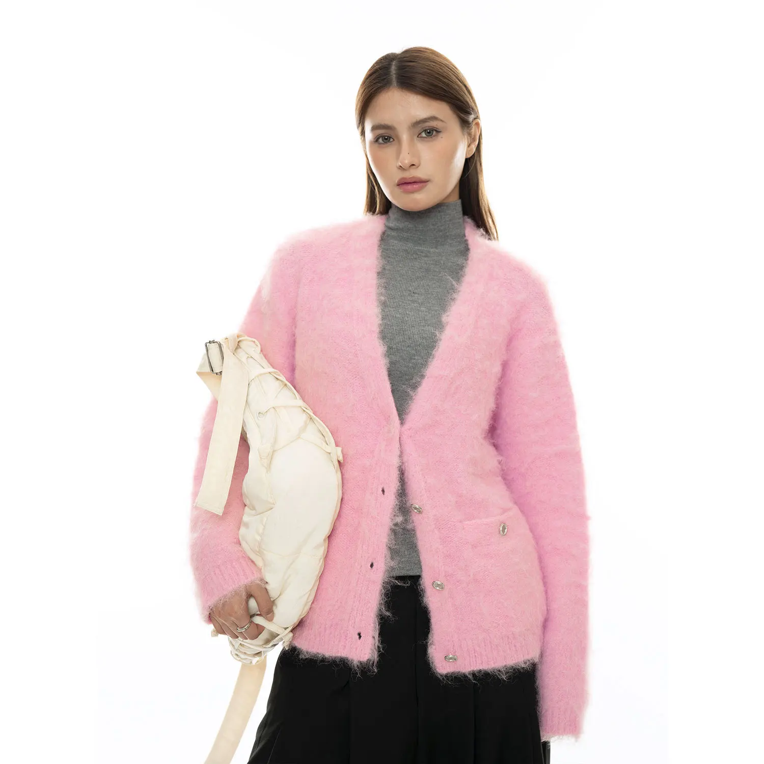 Fuzzy Pink Knit Caridgan Women Gray Autumn Winter Knitted Cardigan Soft Comfortable Slimming Sweater