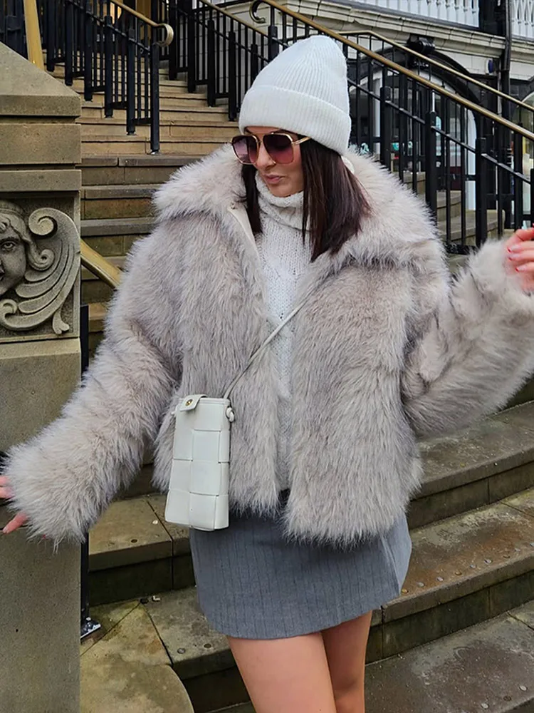 Grijze revers nepbont korte jas damesmode pluizige lange mouw zak met ritssluiting losse thermische jassen dame 2025, dagelijkse woon-werkkleding