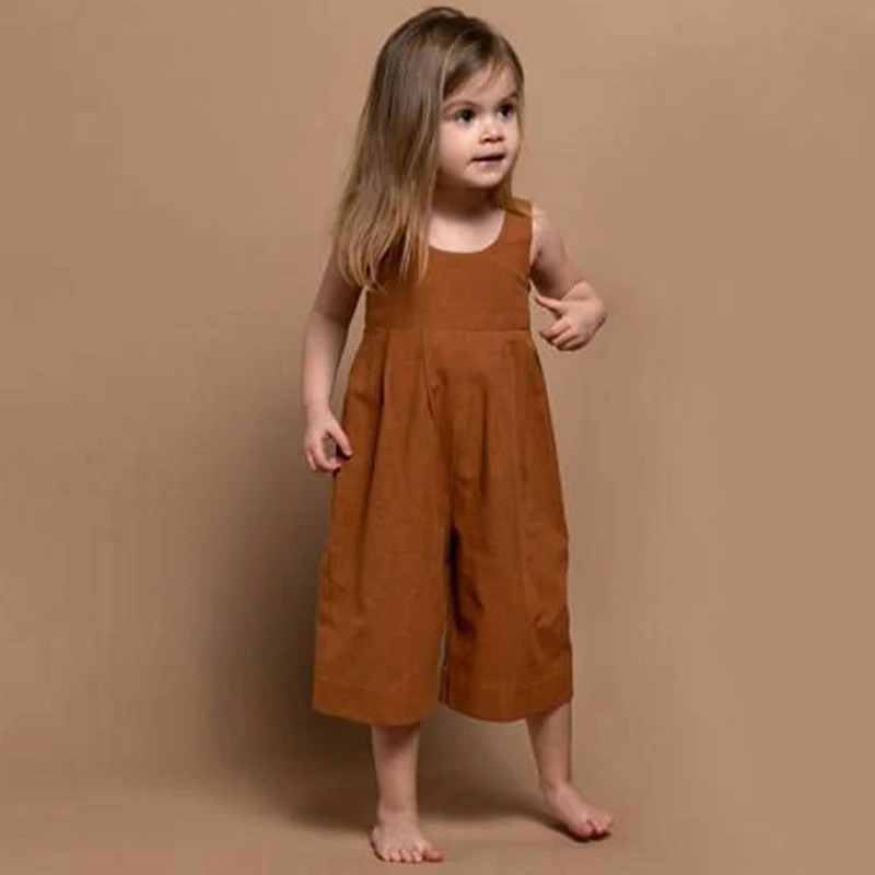 

Girls Cotton And Linen Loose Straight Jumpsuit Summer New Retro Mori Solid U Neck Cute Loose Wide Leg Pants Children's Overalls