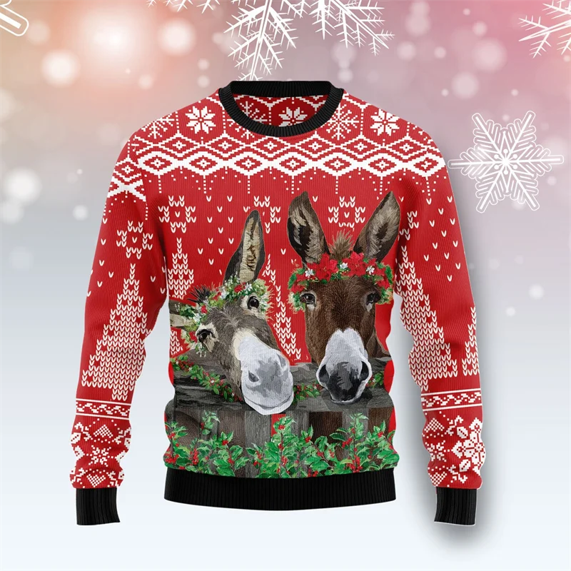 Family Matching Ugly Christmas Sweater 3D Cool Bulldog Santa Sunglasses Print Parent‑Kid Xmas Winter Crew Neck Pullover Tops