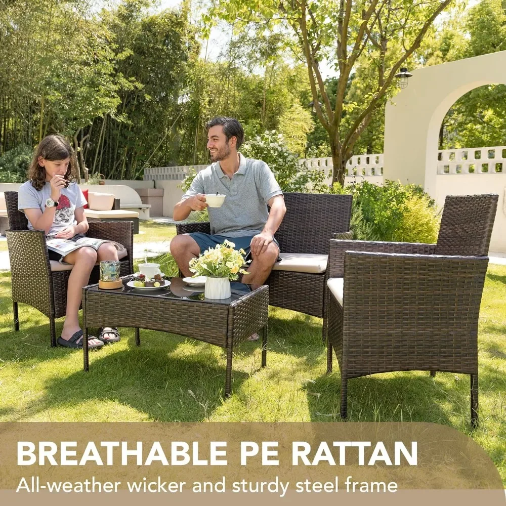 4 Stück Terrassen möbel Set, Pe Rattan Korbs tühle Balkon Rasen Veranda Terrassen möbel Sets mit Kissen