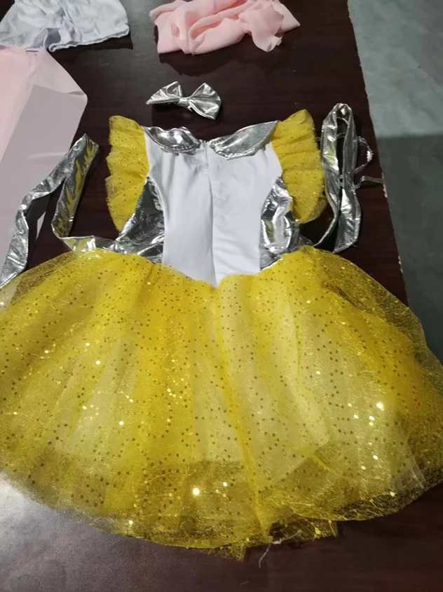 Children Ballroom Clothing Sequined Modern Dance Tutu Dress Girls Yellow Jazz Performance Costume Stage Wear Toddler Dance Wear