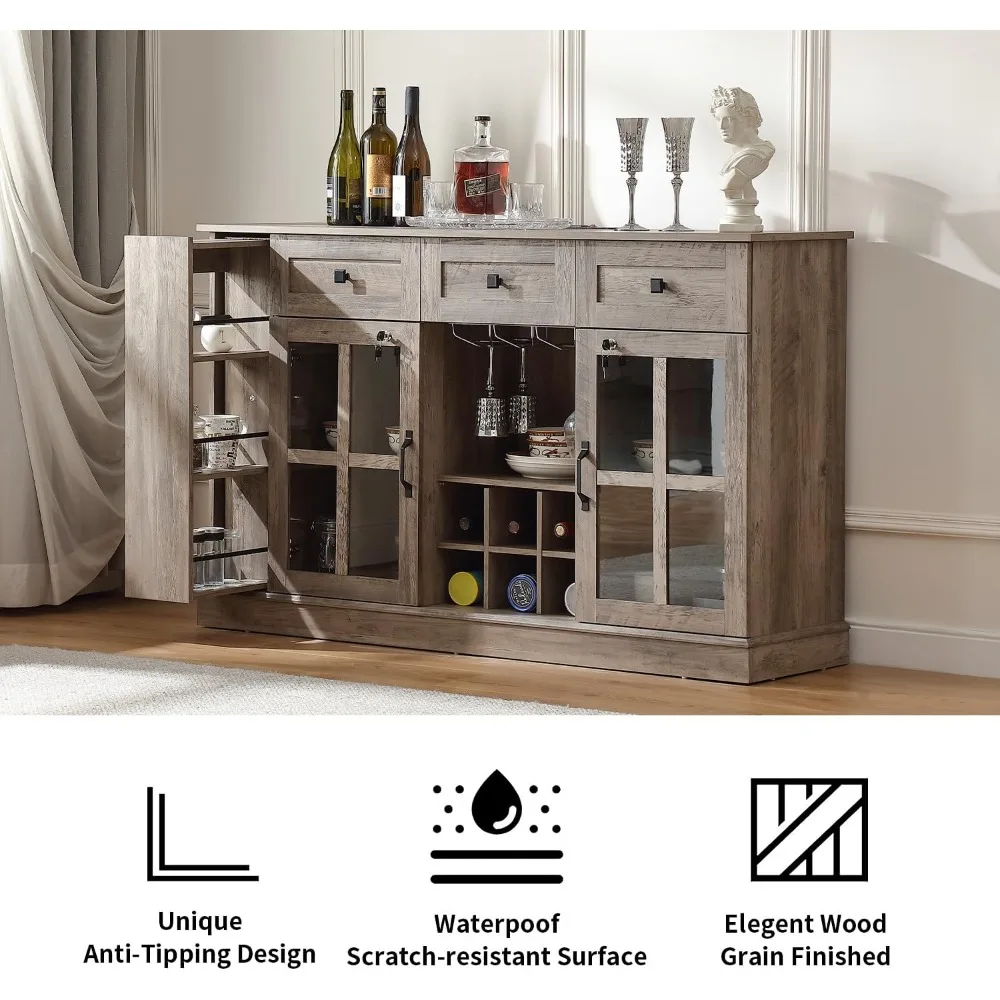 خزانة بار النبيذ والمشروبات مقاس 55.1 بوصة مع أقفال، و7 مصابيح LED، ورف منزلق، ورف مفتوح، و3 أدراج، وخزائن