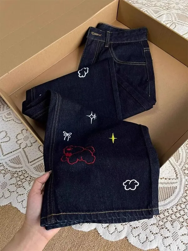 

Summer plus Size Embroidered Dog Wide Leg Jeans High Waist Slim Straight Tube Pants Men Women Clothing Breathable Loose Fit J...